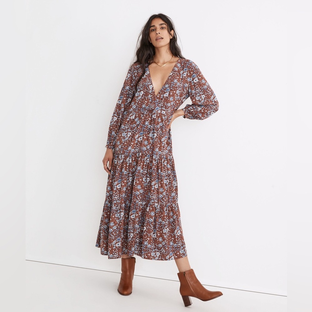 Madewell Brown Floral Midi Dress with Blue Accents